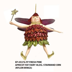 Apricot Fat Fairy - Hldg Starwand with Delicate Wings Hand Crafted With Resin & Hand Painted With Burnt Orange, Red Berry and Green Leafed Glittered Dress.